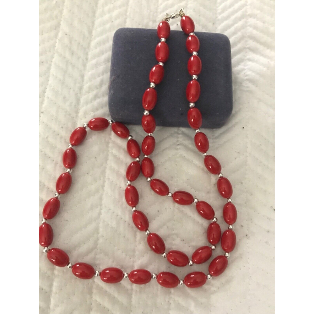 Vintage Red Bean Jelly Bead Silver Tone Spacers 28” Necklace